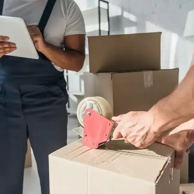 demenageur-en-train-de-noter Déménageur en train d'emballer soigneusement